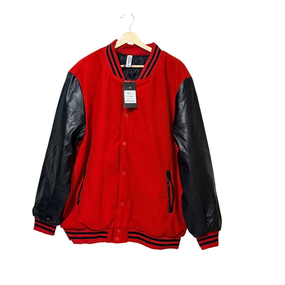 WEIV Los Angeles Mens Red Black Faux Leather Sleeve Varsity Jacket XL BJ222 NEW